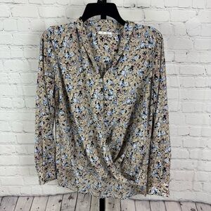 Pleione Beige Floral Print Surplice Blouse Roll Tab Sleeve Hi Low Size Small